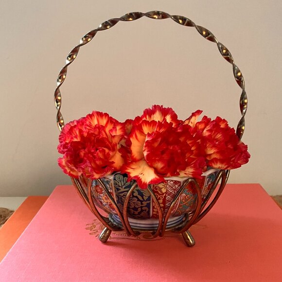 Vintage Whimsical Brass Basket with Handle and China Bowl - Picture 1 of 10